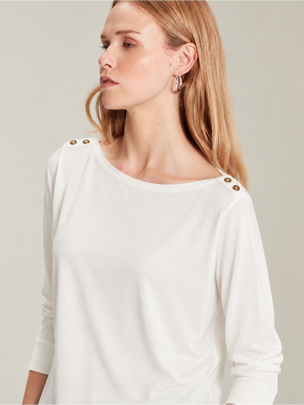 Lilly Pulitzer White Boatneck Long Sleeve Top with Gold Shoulder Buttons